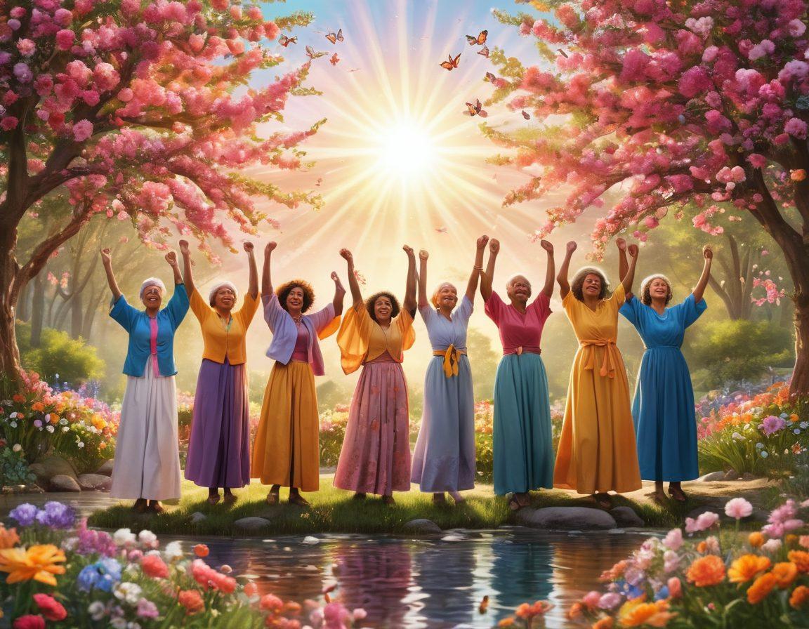 A serene and uplifting landscape depicting a diverse group of cancer survivors celebrating with arms raised in joy, surrounded by blooming flowers and a bright sun. Incorporate symbols of hope such as ribbons in various colors, and include elements like a gentle stream and butterflies representing transformation. The atmosphere should be warm and empowering, radiating positivity and strength. vibrant colors. super-realistic. inspirational.