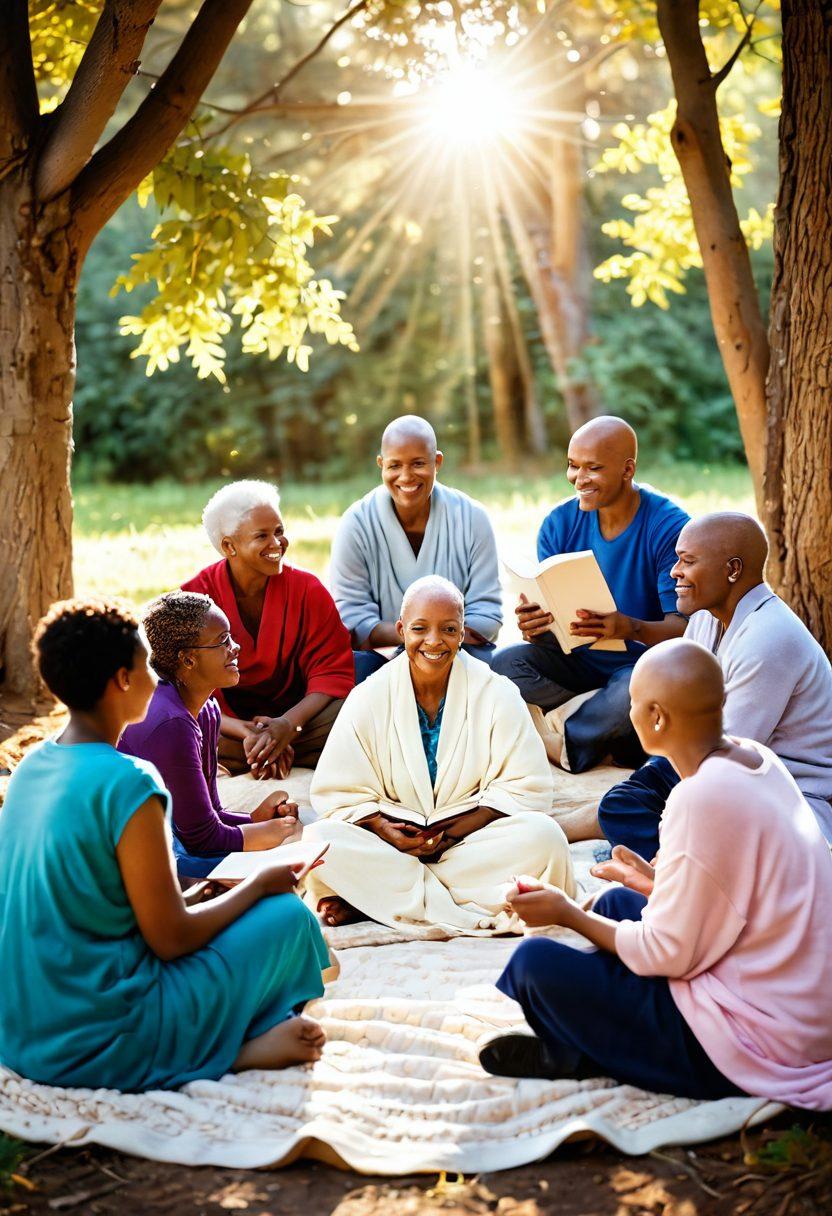 A warm and inviting scene depicting a diverse group of cancer survivors gathered in a supportive circle, sharing stories and laughter. Soft sunlight filters through trees, symbolizing hope and resilience. Include elements like uplifting books, a cozy blanket, and supportive gestures like hugs. The atmosphere should feel positive and encouraging, representing fellowship and healing. super-realistic. vibrant colors. serene background.