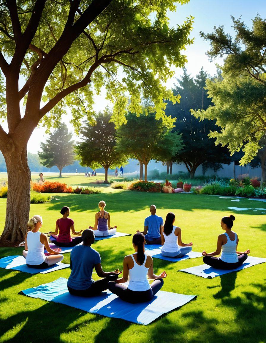 A serene and inspiring scene depicting a diverse group of individuals engaging in healthy lifestyle activities such as yoga, gardening, and cooking nutritious meals in a sunlit park. Incorporate symbols of wellness like fresh fruits, vegetables, and wellness books around them, with a peaceful backdrop of trees and blue skies. The image should evoke a sense of community, vitality, and hope for cancer prevention. vibrant colors. super-realistic.